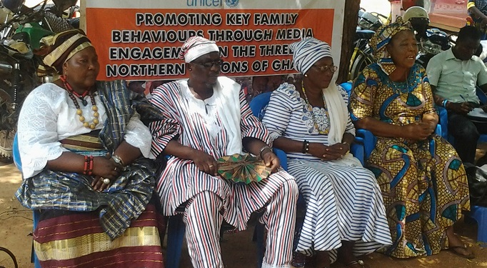 A Principal Midwifery Officer at the Anafobisi Health Centre,  Hajia Mari Issaka (right), addressing the forum. Also in the picture are (from left), Madam Sawuratu Alhassan; Bo-Naba Baba Salifu Aleeyarum and the Queen mother of Bawku-Sapelga, Pog-Naba Aboddudi. Picture: Alhandu Abdul-